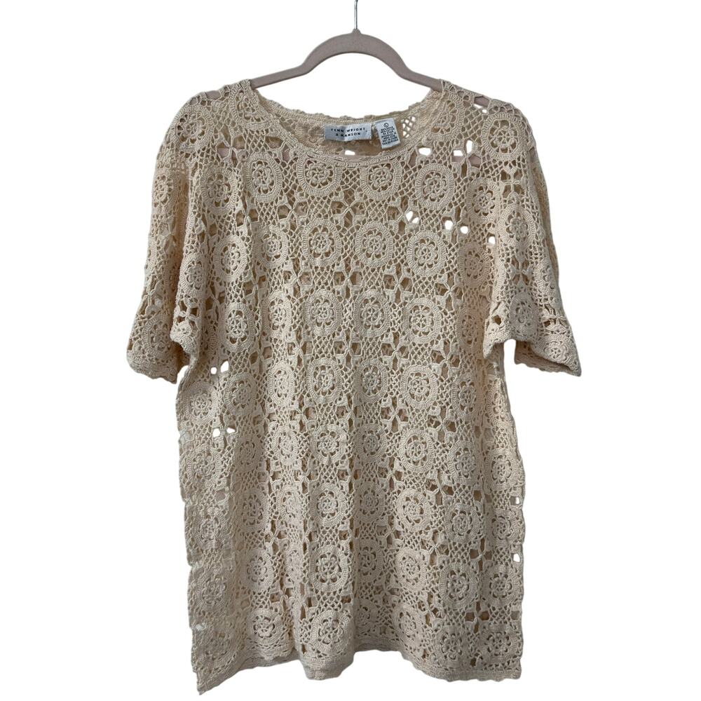 FENN WRIGHT & MANSON Crochet Lace Top Cream Ramie Cotton Boho Vintage Style L